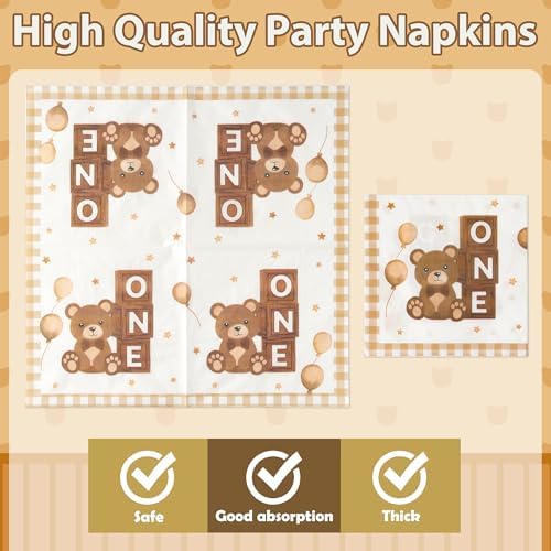 96Pcs Beary One First 1st Year Brown Birthday Party Plates Supplies - Party Tableware Decorations Disposable Paper Plates Napkins Forks for Birthday Gender Reveal Baby Shower, Serves 24 - Image 4