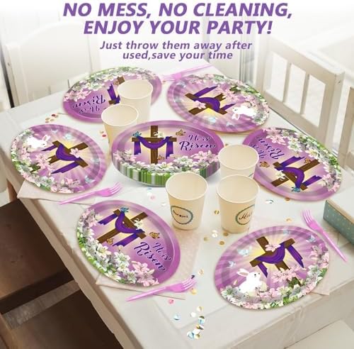 Qyeahkj 50 PCS He is Risen Oval Paper Plates Large 11” Disposable Jesus Cross Easter Party Decorations Spring Lily Floral Supplies Favor for Religion Christ Party Tableware Set - Image 7