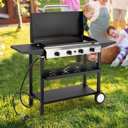 ROVSUN 4 Burner Portable Propane Griddle with Ignition, 40000 BTU Freestanding Flat Top Gas Grill with Enameled Tray, Lid, Side Shelves & Regulator for Outdoor Cooking Camping BBQ - Image 6