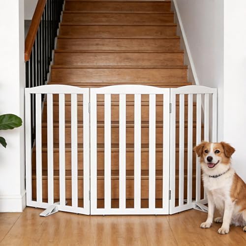 Freestanding Dog Gate Indoor,Doggie Gate Foldable Dog Gates for Doorways,Stairs or Hallways, Wooden White Pet Gate for The House, Pet Fence with Support Feet Included,32 "Height-3 Panels - Image 2