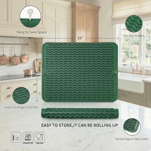 MicoYang Silicone Dish Drying Mat — Quick-Dry Ridges Counter & Sink Pad, Heat-Resistant Trivet to 450°F, Non-Slip & Dishwasher Safe, Roll-Up Storage, 18 Colors & 9 Sizes (Green, 16"×12") - Image 2