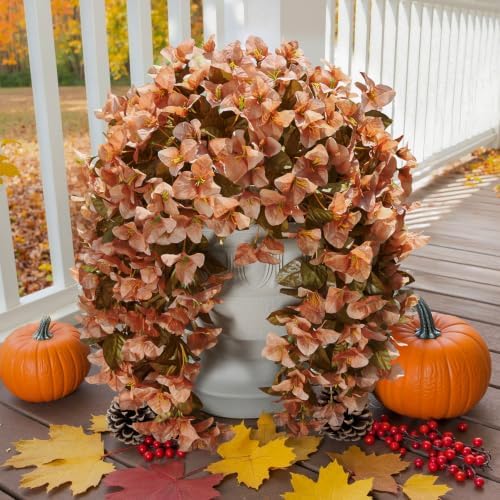 Bougainvillea Artificial Flowers Plants for Outdoors Outside Fall Autumn Decoration, 2 pcs Faux Silk Long Trailing Vines UV Resistant Look Real Brown Fake Flowers for Front Door Porch Planter Urn Yard - Image 2