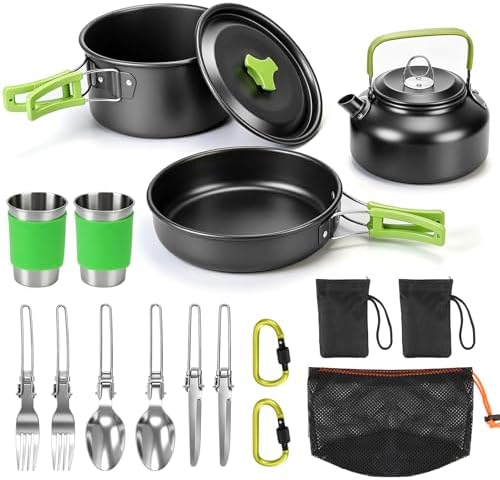 14pcs Camping Cookware Set Camping Pots and Pans Set with Cups Plates Forks Knives Spoons for Camping Outdoor Cooking and Picnic by Pleasthome