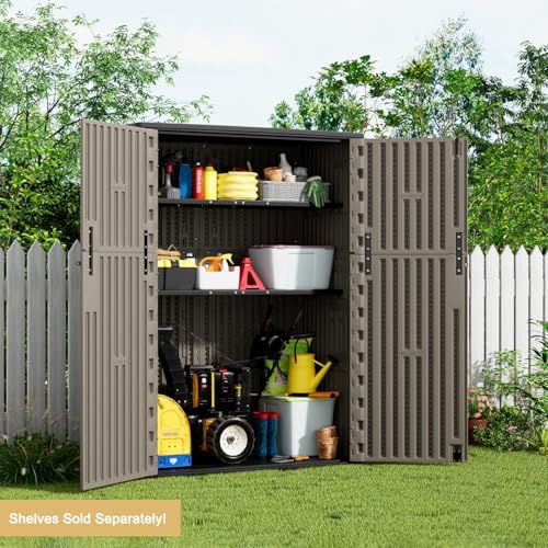 KINYING Outdoor Vertical Storage Shed,57 Cu.ft Outdoor Storage Cabinet Waterproof,Resin Sheds & Outdoor Storage Clearance for Garden,Patio,Backyard,Lockable (Brown) - Image 6