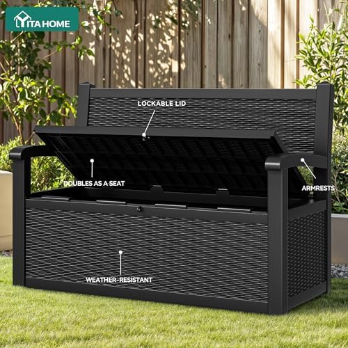 YITAHOME 80 Gallon Storage Bench Deck Box, Lockable Patio Bench with Hidden Storage, Waterproof Outdoor Pool Deck Storage for Patio Cushions, Garden Tools and Pool Supplies, Black - Image 3
