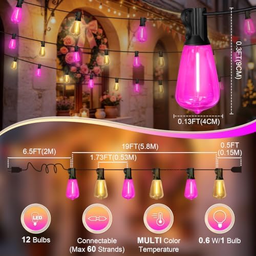 26FT ST38 Pink Warm White Outdoor String Lights, Valentine’s Day Patio Lights, 12+1 Shatterproof Edison LED Bulbs Waterproof Connectable String Lights for Bistro, Christmas, Wedding, Party Yard Decor - Image 3