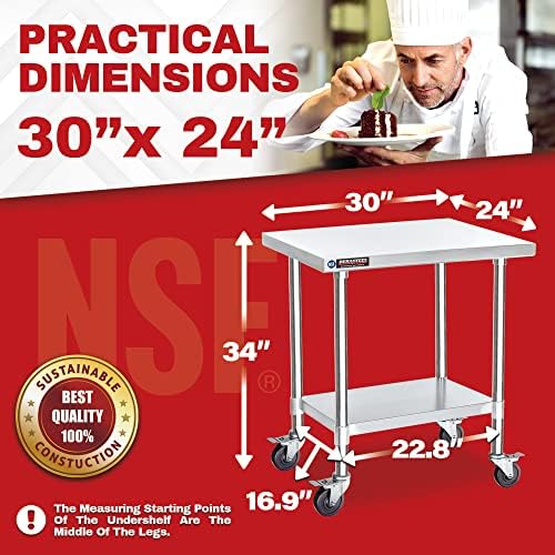 DuraSteel 30x24 NSF Stainless Steel Cart Work Table - Heavy Duty Rolling Food Prep Table - Metal Utility Cart on Wheels Caster, Grill Stand Microwave Outdoor Kitchen Tables Countertop Island Large Top - Image 2