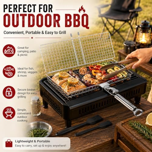 BBQ Grill Basket Set with 12 Inch Tongs & 2 Silicone Basting Brushes, Stainless Steel Folding BBQ Basket for Grilling, Portable Barbecue Grill Basket for Fish, Shrimp, Vegetables, Steak - Image 7