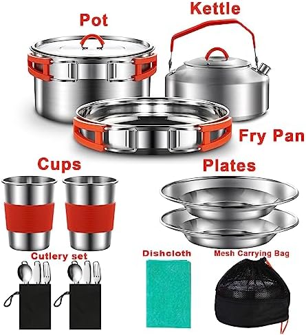 304 Stainless Steel Camping Cookware Set - Mess Kit with Pots, Pans, Kettle, Plates, Forks, Knives, Spoons for 2 People, Perfect for Camping, Picnic, RVs - Image 4