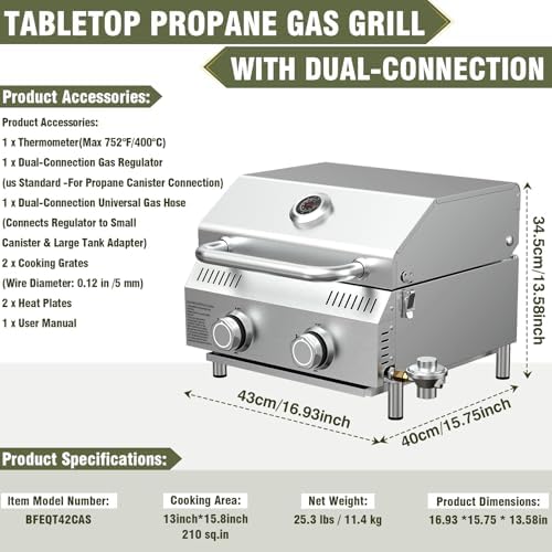 Bestfire Dual Connection Tabletop Propane Gas Grill, 2 Burners, 20,000 BTU - Image 6