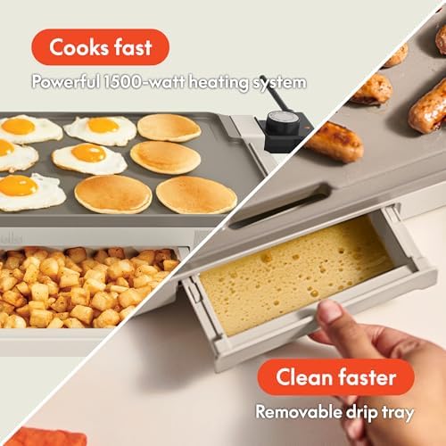 bella 10"x20" Ceramic Griddle with Warming Tray, 1500W Non-Toxic, Oatmilk - Image 6