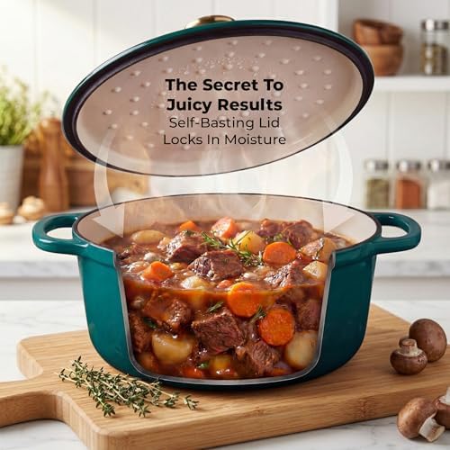 Zulay Kitchen 7.7 Quart Enameled Cast Iron Dutch Oven Pot with Lid – Premium Durability & Oven Safe up to 500°F – Heavy Duty Cookware Perfect for Bread Baking, Stews, Braising & Roasting – Emerald - Image 4