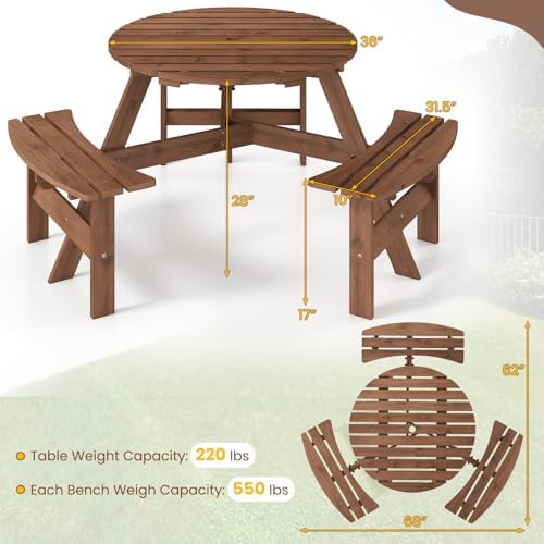 Tangkula 6-Person Wood Picnic Table, Outdoor Round Table and Bench Set with 3 Built-in Benches, Umbrella Hole, Perfect for Outside, Patio, Garden, Backyard, Porch (6-Person,Brown) - Image 5