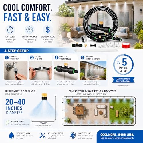 Misters for Outside Patio 63FT(19.2M)+21 Brass Mist Nozzles+a Brass Adapter(3/4") Detachable outdoor misting cooling system for Garden, waterpark, Greenhouse, Backyard, Fan, Umbrella, Deck, Canopy - Image 2