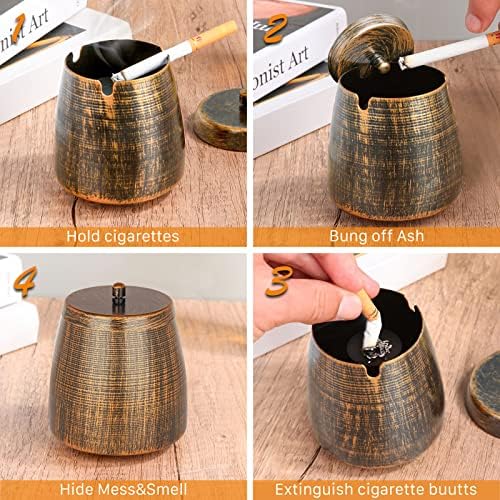 Smokeless Ashtray with Lid for Cigarettes Outdoor Indoor, Retro Ash tray Metal Iron Can Copper Vintage Decor,Windproof Rainproof Ashtrays for Outside Patio Home Table Decor (Large,Copper) - Image 5