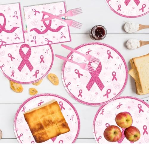 48Pcs Breast Cancer Party Decorations Include Plates Napkins Guests Cancer Free Party Decorations Serve 24 Guests Breast Cancer Party Supplies - Image 4