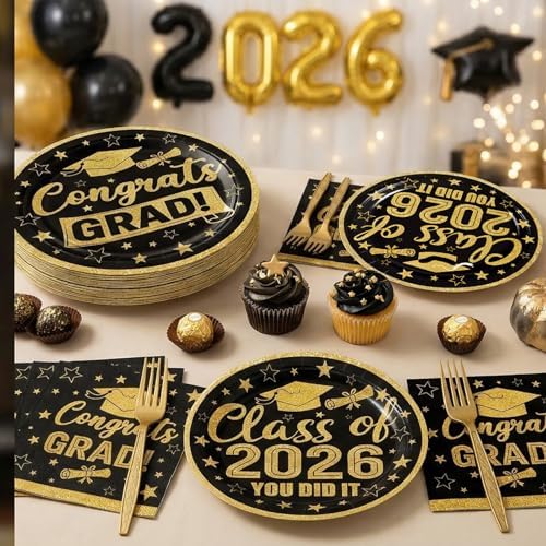 100 Pcs Graduation Party Supplies Set, Serves 25 – Disposable Black and Gold Graduation Paper Plates, Napkins, and Forks, Congrats Grad Dinnerware for Class of 2026, Prom Party Decorations - Image 6