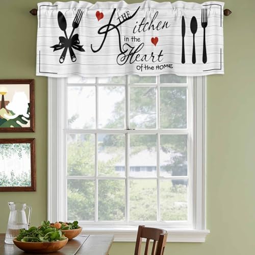 Valances for Windows, Kitchen Tableware Valance Curtains Blackout Drapes for Kitchen/Bathroom/Cafe, Red Love Heart Black Words Vintage Rod Pocket Window Toppers Valances 2 Pack Clearance 60''x18'' - Image 4