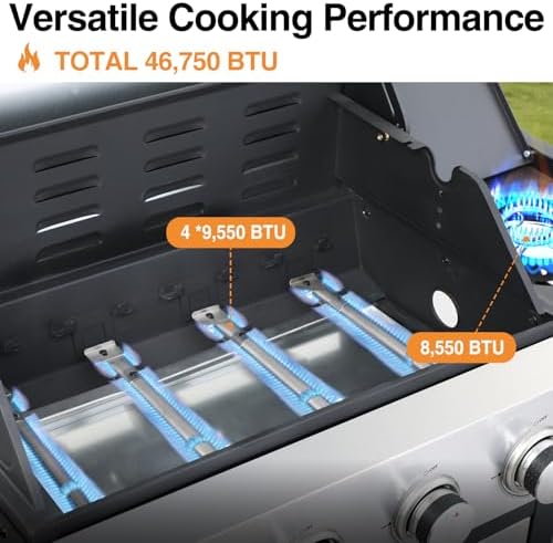 4 Burner Propane Gas Grill, 49,000 BTU Outdoor BBQ Grill with Cast Iron Grates & Griddle Combo, Large Cooking Area with Side Burner, Pullout Grease Tray, Portable for Backyard Patio - Image 5