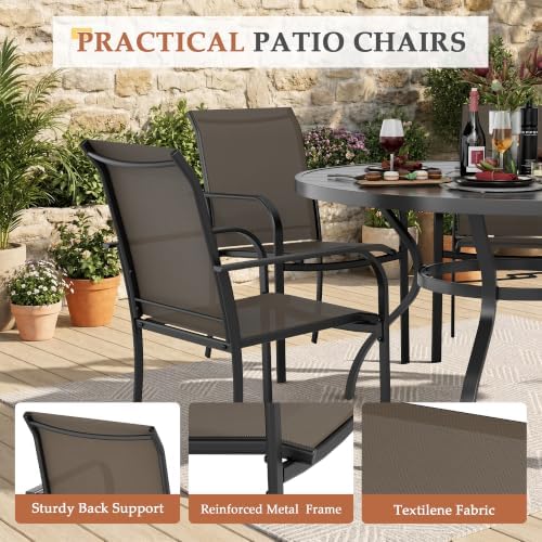 Incbruce 7 PCS Patio Dining Set, Outdoor Dining Set of 6 Textilene Chairs and 53" Round Table with Umbrella Hole for Backyard, Garden, and Poolside (Brown) - Image 6