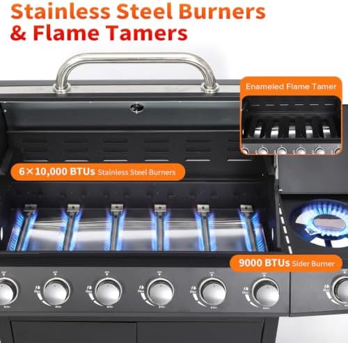 6-Burner Propane Gas BBQ Grill with Side Burner, Grill Cover, Charcoal Pan - Image 4