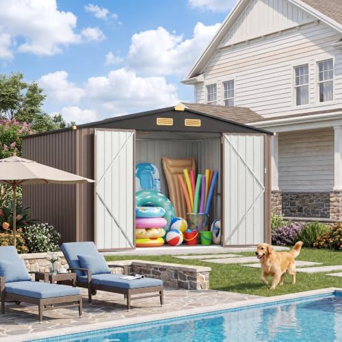 IRONCK Storage Shed, 9.7 x 7.7 FT Tool Shed with Lockable Doors, Brown - Image 7