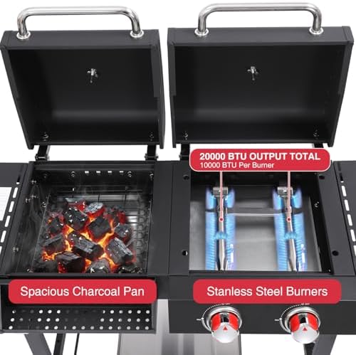 Charcoal and 2-Burner Propane Gas Combo Grill with Stainless Steel Griddle & Porcelain-enameled Cast Iron Grates, Dual Fuel BBQ Combo Grill for Outdoor Cooking - Image 6