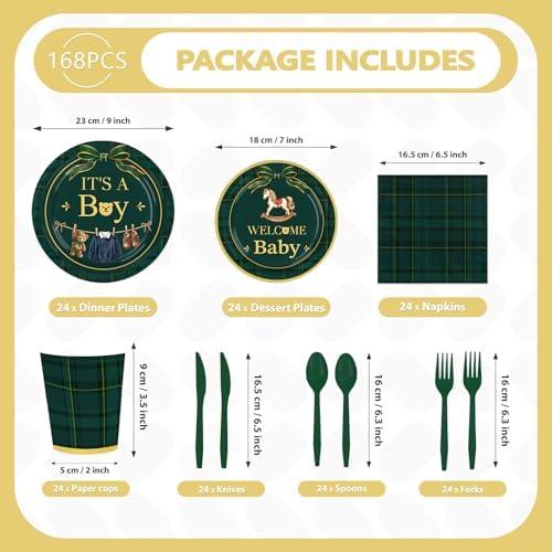168 Pcs Tartan Plaid Bear Baby Shower Decorations, Serves 24 - Image 3