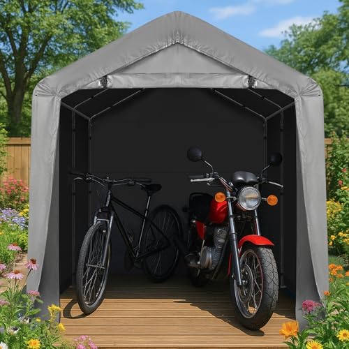 VINGLI Outdoor Portable Storage Shed, Heavy Duty Bike Tent with Roll-up Zipper Door, Waterproof and UV Resistent Carport for Motorcycle, Garden Tools and Firewood (Gray, 8x8x6.7 FT) - Image 7