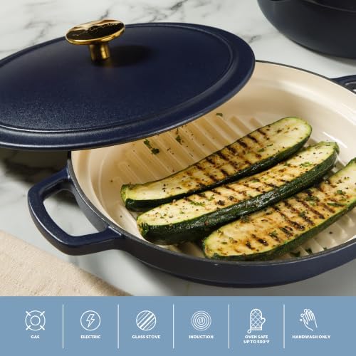 Sur La Table Kitchen Essentials 4-Piece Enameled Cast Iron Stackable Cookware Set, 5.3 Qt Dutch Oven with Lid, Braiser & Grill Pan, Navy Blue, Gold Knob Oven Safe to 500°F, Induction Compatible - Image 6