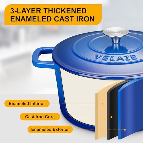 Velaze 6 QT Enameled Cast Iron Dutch Oven Pot with Lid, Blue - Image 4
