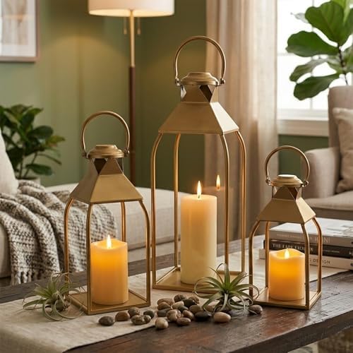 Decorative Metal Lanterns Indoor Outdoor, Candle Holder for Porch, Patio, Fireplace, Floor, Wedding, Christmas, Fall, Holiday, Farmhouse Table Centerpiece (Antique Gold, Set of 3 20" 15.7" 12") - Image 2