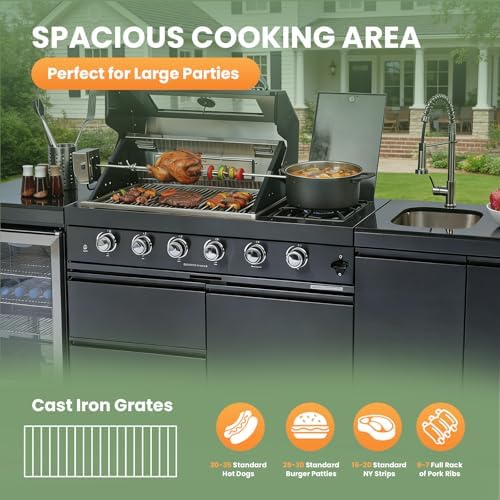98" Rolling Outdoor Kitchen Island with Built-In 4 Burner 72,000 BTU Stainless Steel Gas Grill Featuring Rotisserie Oven,Granite Countertops,Beverage Fridge,Sink. (Black + Fridge + Sink, Natural Gas) - Image 2