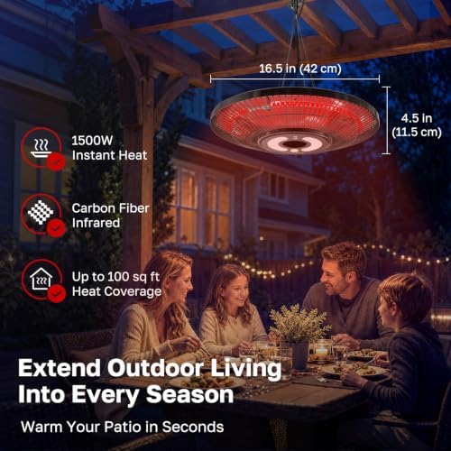 Electric Patio Heater Outdoor, ThermoMate 1500W Infrared Hanging Heater Ceiling Mounted with Chain, IP65 Waterproof Outdoor Heater for Porch, Gazebo, Balcony, Black - Image 2