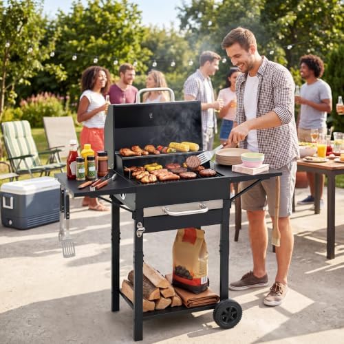 HAPPYGRILL Charcoal Grill with 2 Side Tables,Thermometer & 2 Wheels - Image 2