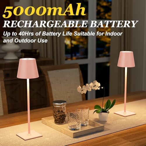 Kakanuo Pink Cordless Rechargeable Table Lamp 5000mAh Battery Operated Lamps, 3 Colors Stepless Dimming Touch Lamp for Living Room, Kitchen Counter, Dining, Outdoor Patio, 2 Pack - Image 3