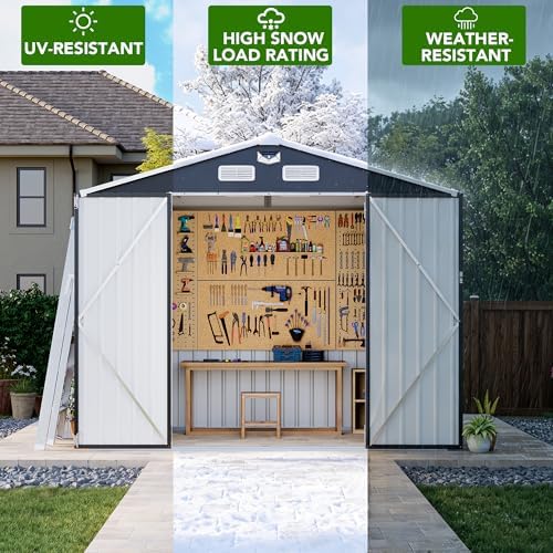 MXV 8 x 6FT Outdoor Storage Shed, Metal Garden Shed with Windows, Double Lockable Doors & Sloped Roof, Magnetic Solar Lamp, Waterproof Tool Sheds for Backyard Garden Patio Lawn, Black - Image 5