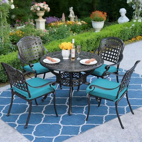 MEETWARM 5 Piece Patio Dining Set, Outdoor All-Weather Cast Aluminum Dining Table Set, Patio Furniture Set for Backyard Garden Deck, Include 4 Chairs, 4 Cushions and 1 Round Table, Ocean Blue by MEETWARM