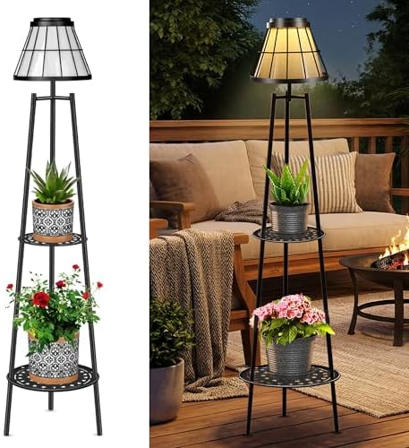 MXwcy 2-Tier Solar Plant Stand with Light, Modern Outdoor Floor Lamp with Classic Grid Lantern, Waterproof Tall Metal Planter Display Rack for Patio, Porch, Balcony, Garden Decor (2 Pack) by MXwcy