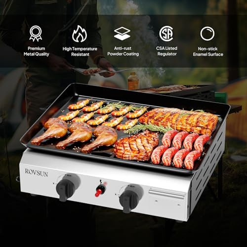 ROVSUN 2 Burner Portable Propane Griddle with Nonstick Enameled Tray, 20,000 BTU Tabletop Flat Top Gas Grill with Electronic Ignition & Regulator for Outdoor Cooking Camping BBQ Tailgating Picnicking - Image 2
