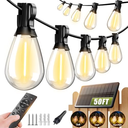 Likesky 50FT Solar String Lights Outdoor with Remote,18+1LED Shatterproof Bulbs & USB Port, Waterproof 3 Modes Dimmable Solar Lights for Backyard, Patio, Camping by Unknown