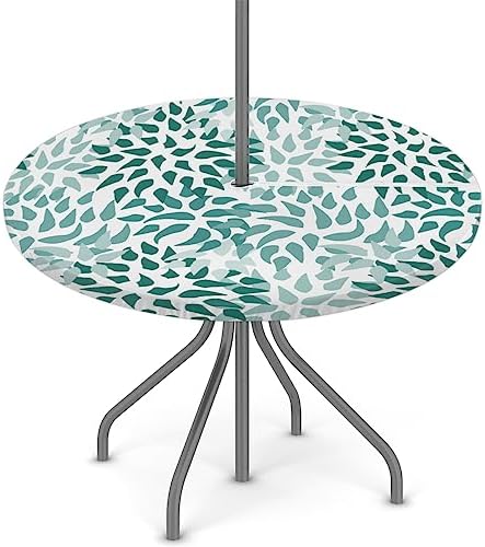 Fitted Round Tablecloth with Umbrella Hole and Zipper Abstract Nature Outdoor Elastic Table Cloth 45"-56" Oil-Proof Waterproof Green Nature Patio Table Cover for Picnic Party - Image 2
