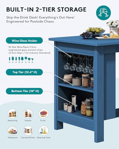 SERWALL Outdoor HDPE Counter-Height Bar Table with Storage Rack, Blue - Image 4