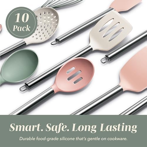 COOK WITH COLOR Silicone Cooking Utensils, Kitchen Utensil Set, Easy to Clean Silicone Kitchen Utensils, Cooking Utensils for Nonstick Cookware, Kitchen Gadgets Set, 10 Pieces, Mint - Image 3