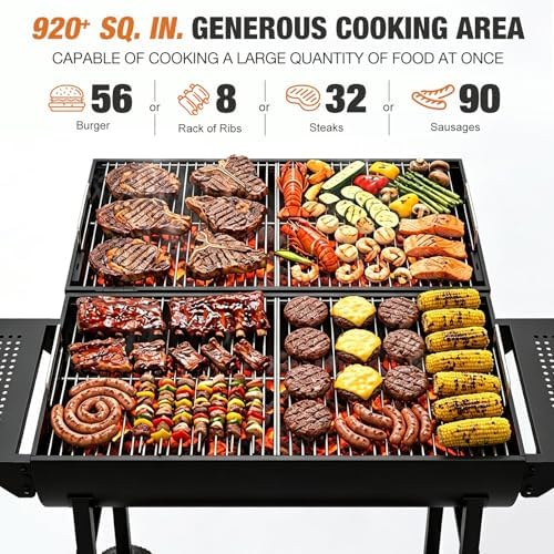 Charcoal Grill, 920 Sq. In. Extra Large Cooking Space, Big Barbecue Grill, Two Cooking Modes, Outdoor Barrel BBQ Grill with 2 Foldable Side Tables, Black - Image 3