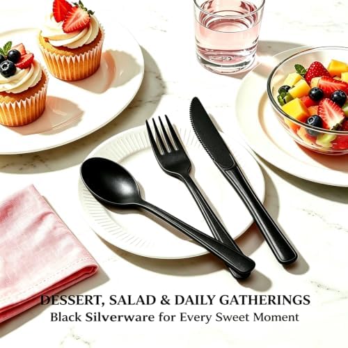 75 Pack Black Heavy Duty Plastic Silverware Set, Disposable Knives, Forks & Spoons, 25 Sets for Birthday, Baby Shower, Camping, Picnic & Party - Image 5