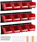 VEVOR Wall Mounted Storage Bins, 12 Plastic Bins & 3 Metal Rails, Plastic Hanging Stackable Storage Bin for Screws, Nuts, Bolts, Nails, Hardware Tool Organizer for Workshop, Craft Room, Garage, Red by VEVOR
