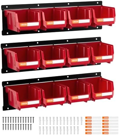 VEVOR Wall Mounted Storage Bins, 12 Plastic Bins & 3 Metal Rails, Plastic Hanging Stackable Storage Bin for Screws, Nuts, Bolts, Nails, Hardware Tool Organizer for Workshop, Craft Room, Garage, Red by VEVOR