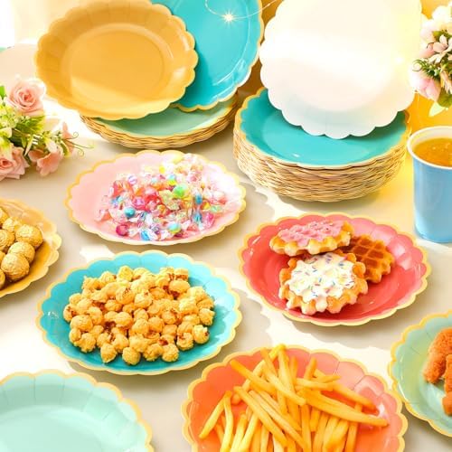 48 Pcs Colorful Coral Paper Plates 9 Inch Scalloped - Image 2