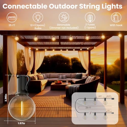 RTTY Outdoor String Lights 25 FT Waterproof, Patio Light 13 G40 LED Bulbs - Image 5